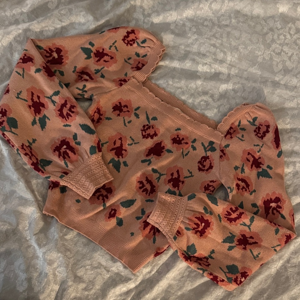 Floral Knit Off-Shoulder Top - Pink and Red